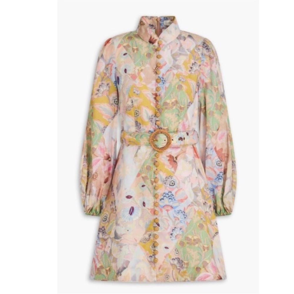 NWOT Zimmermann Belted Floral Print Linen Mini Dress Pastel Sz 3 - Picture 2 of 16